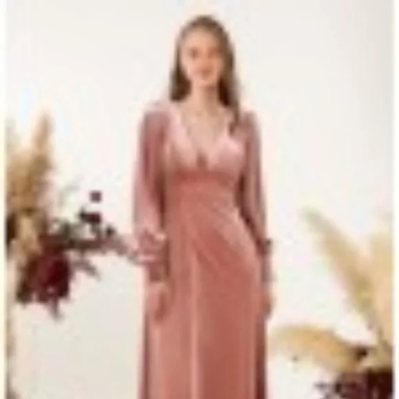 rose velvet bridesmaid dress Classic Bell Sleeve V Neck Velvet Bridesmaid Dress with Pleats COCOMELODY CB0367, Forest Green